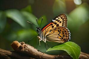 ein Schmetterling ist Sitzung auf ein Ast mit Blätter. KI-generiert foto