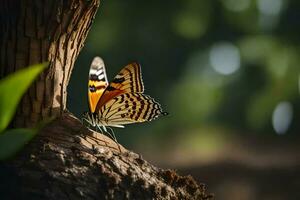 Schmetterling auf ein Baum Stamm, Natur, Natur Fotografie, Natur, Natur Fotografie, Natur. KI-generiert foto