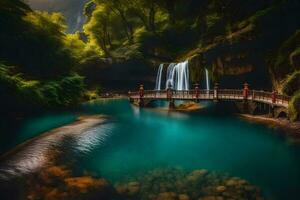 ein Wasserfall im das Mitte von ein Wald. KI-generiert foto