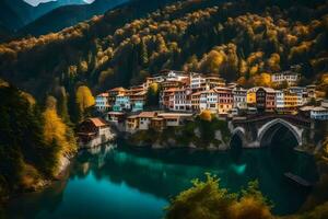 ein schön Dorf umgeben durch Berge und Wasser. KI-generiert foto