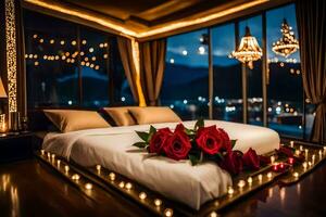 ein Bett mit Kerzen und Rosen im Vorderseite von ein Fenster. KI-generiert foto