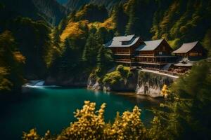 ein schön japanisch Tempel sitzt auf das Kante von ein See. KI-generiert foto