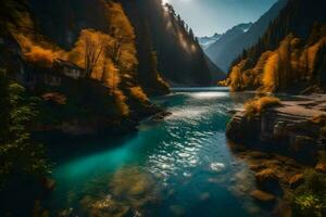 das Sonne scheint Über ein Fluss im das Berge. KI-generiert foto