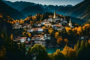 das Dorf von blutete ist umgeben durch Berge. KI-generiert foto