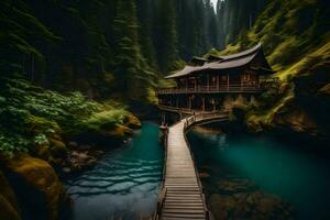 ein hölzern Brücke führt zu ein klein Haus im das Mitte von ein Wald. KI-generiert foto