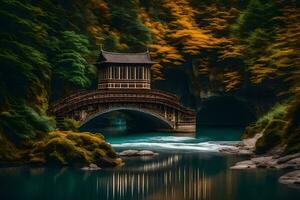 ein Brücke Über ein Fluss im das Mitte von ein Wald. KI-generiert foto