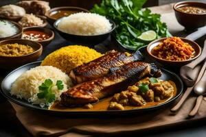 ein Teller von Essen mit Reis, Fleisch und Gemüse. KI-generiert foto