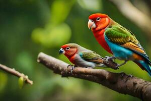 zwei bunt Vögel Sitzung auf ein Ast. KI-generiert foto