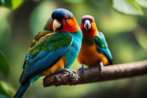 zwei bunt Vögel Sitzung auf ein Ast. KI-generiert foto