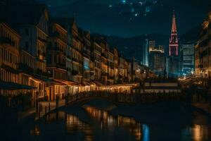 ein Stadt beim Nacht mit ein Fluss und Gebäude. KI-generiert foto