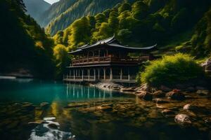 ein Chinesisch Hütte sitzt auf das Kante von ein See umgeben durch Berge. KI-generiert foto