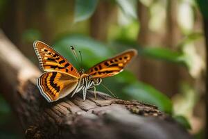 ein Schmetterling ist Sitzung auf ein Ast im das Wald. KI-generiert foto