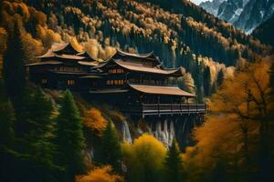 ein Chinesisch Haus im das Berge umgeben durch Bäume. KI-generiert foto