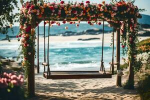 ein schwingen auf das Strand mit Blumen und ein hölzern rahmen. KI-generiert foto