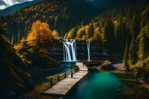 ein hölzern Brücke führt zu ein Wasserfall im das Berge. KI-generiert foto