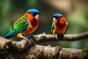 zwei bunt Vögel Sitzung auf ein Ast. KI-generiert foto