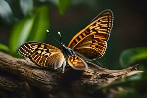 ein Schmetterling ist Sitzung auf ein Ast. KI-generiert foto