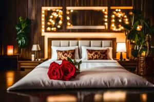 ein Bett mit zwei rot Rosen auf Es. KI-generiert foto