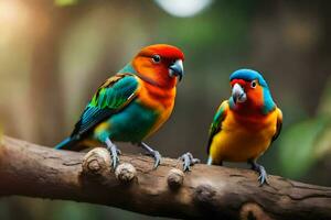 zwei bunt Vögel Sitzung auf ein Ast. KI-generiert foto