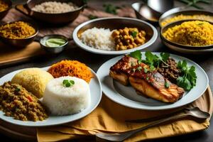 ein Tabelle mit Platten von Essen und Schalen von Reis. KI-generiert foto