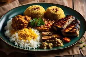 ein Teller von Essen mit Reis, Fleisch und Gemüse. KI-generiert foto