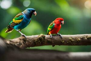 zwei bunt Vögel Sitzung auf ein Ast. KI-generiert foto