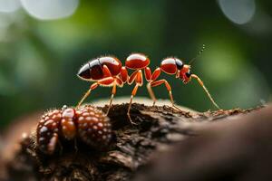 ein rot Ameise ist Stehen auf oben von ein Protokoll. KI-generiert foto