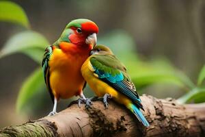 zwei bunt Vögel Sitzung auf ein Ast. KI-generiert foto