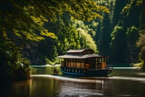 ein Boot ist Reisen Nieder ein Fluss im das Wald. KI-generiert foto