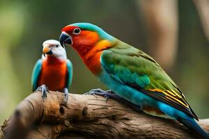 zwei bunt Vögel Sitzung auf ein Ast. KI-generiert foto