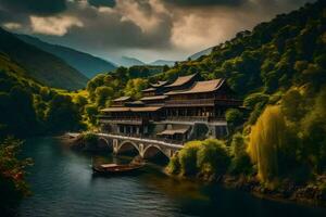 ein schön Chinesisch Dorf auf das Fluss. KI-generiert foto