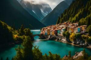 das Dorf von Italienisch Stadt, Dorf auf das See. KI-generiert foto