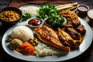 ein Teller von Essen mit Reis, Fleisch und Gemüse. KI-generiert foto