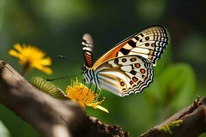 ein Schmetterling ist Sitzung auf ein Ast mit Gelb Blumen. KI-generiert foto