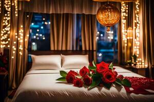 ein Bett mit rot Rosen und ein Lampe. KI-generiert foto