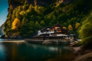 ein Chinesisch Tempel auf das Ufer von ein See. KI-generiert foto