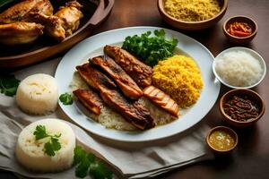 das Essen ist serviert auf ein hölzern Tisch. KI-generiert foto