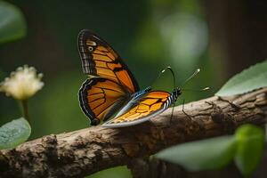 ein Schmetterling ist Sitzung auf ein Ast im das Wald. KI-generiert foto