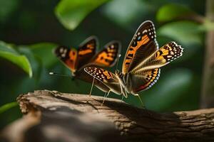 zwei Schmetterlinge sind Sitzung auf ein Ast. KI-generiert foto