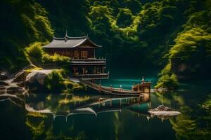 ein Chinesisch Haus sitzt auf ein klein Insel im das Mitte von ein See. KI-generiert foto