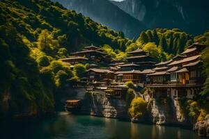 ein schön Chinesisch Dorf auf das Kante von ein Berg. KI-generiert foto