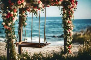 ein schwingen auf das Strand mit Blumen. KI-generiert foto