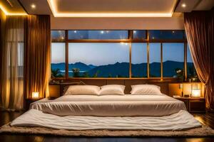 ein Bett oder Betten im ein Zimmer beim das Berg Aussicht Hotel. KI-generiert foto