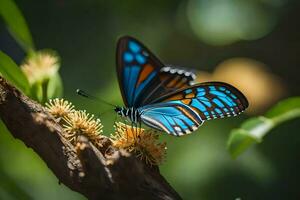 ein Blau Schmetterling mit Orange Flügel ist Sitzung auf ein Ast. KI-generiert foto