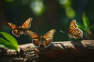drei Schmetterlinge sind Sitzung auf ein Protokoll. KI-generiert foto