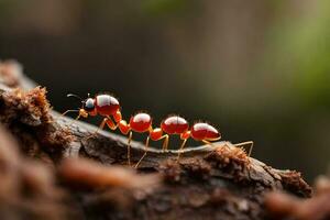 ein rot Ameise auf ein Baum Ast. KI-generiert foto