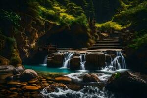 ein Wasserfall im das Wald mit Schritte führen Nieder zu Es. KI-generiert foto