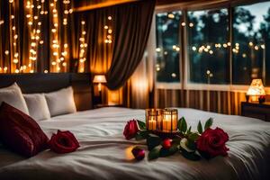 ein Bett mit Rosen und Kerzen im Vorderseite von ein Fenster. KI-generiert foto