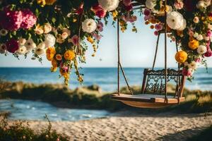 ein schwingen mit Blumen auf das Strand. KI-generiert foto