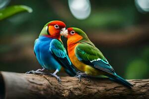 zwei bunt Vögel Sitzung auf ein Ast. KI-generiert foto